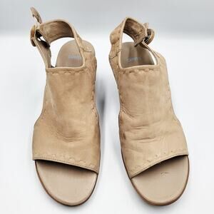 Camper Lulu Beige Tan Leather Wedge Slingback Block Heel Sandals Women's Size 39